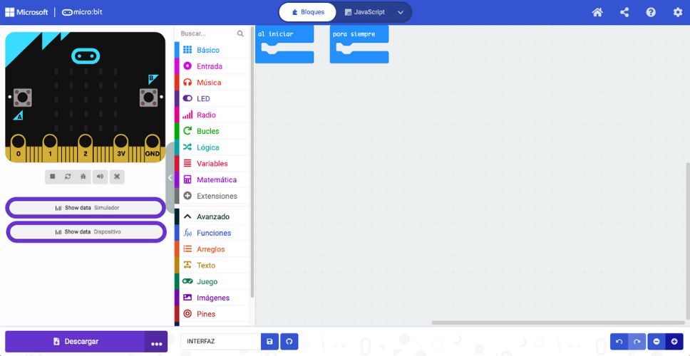 interfaz de makecode para micro:bit