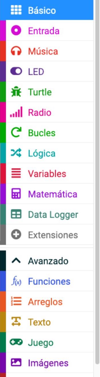 menu de bloques de makecode para Micro:bit